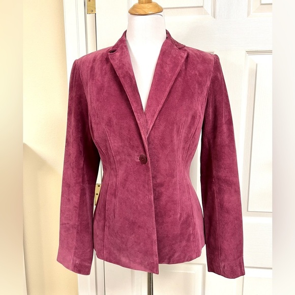ALFANI genuine  leather burnt velvet Maroon one button Y2K Blazer pockets size M - Picture 1 of 15